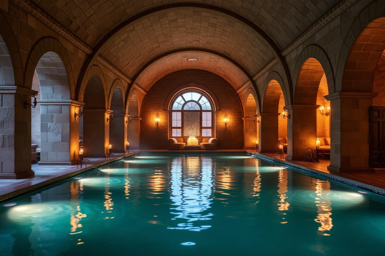 Piscina termal abovedada iluminada con velas en un balneario español
