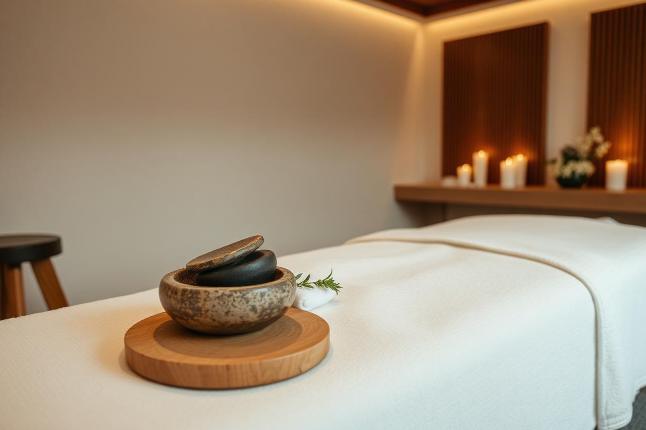 Sala de tratamientos de un balneario con cuencos de piedra y velas